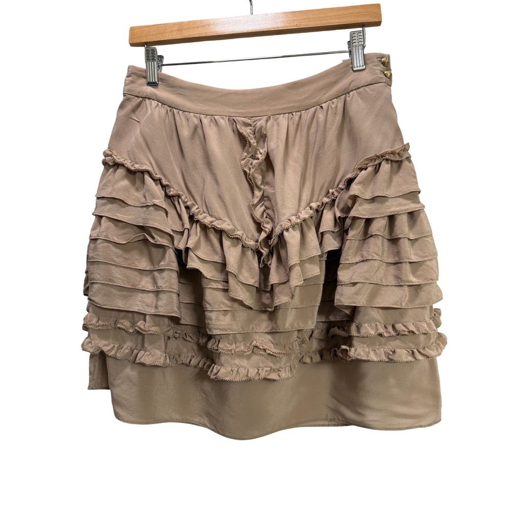 Anthropologie Leifsdottir Silk Ruffle Mini Skirt Women's 6 Tan Tiered Boho Fest